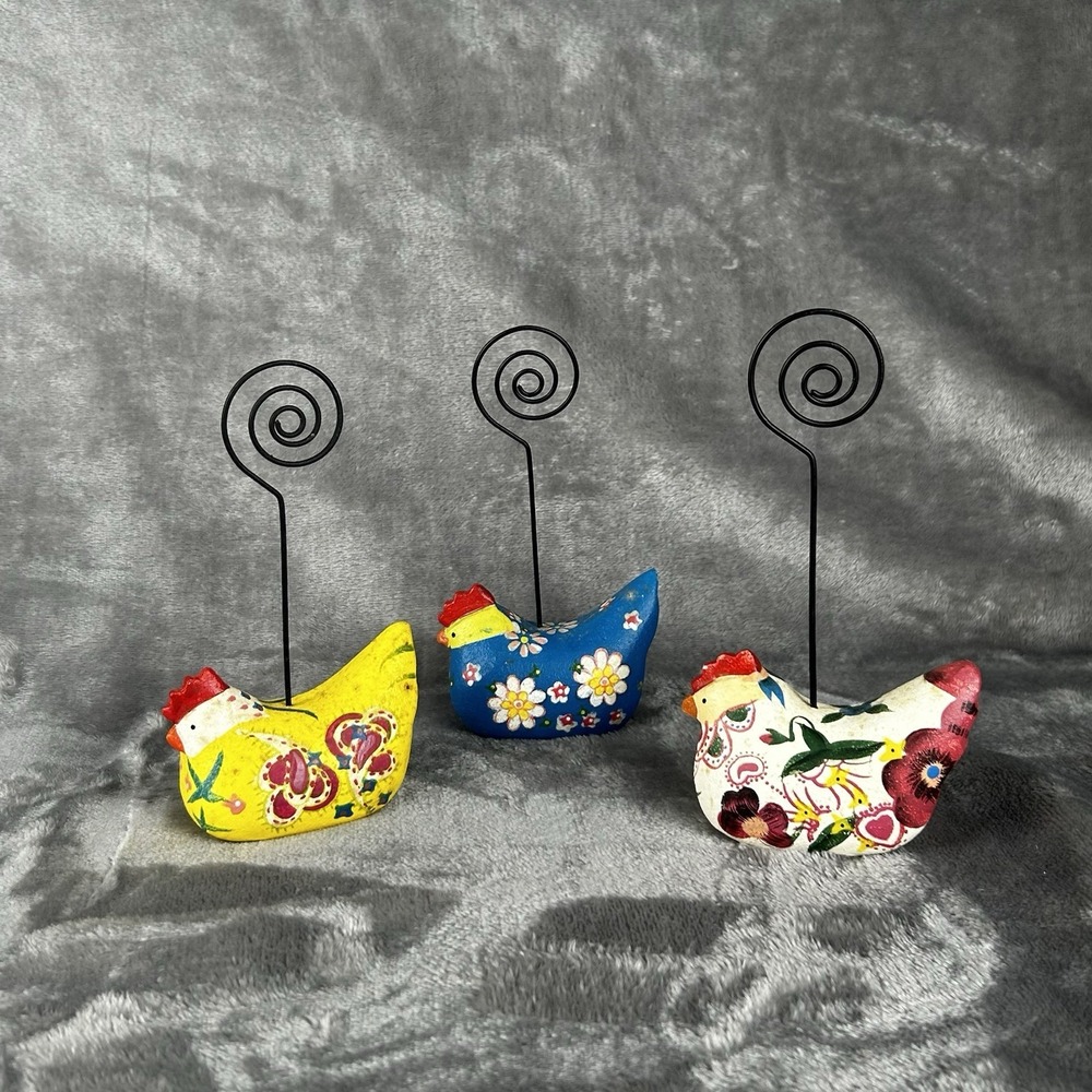 Vintage Hand Painted Chicken Shaped Photo Note Place Card‎ Holders Set Of 3